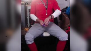 JockDad87 jerks his big cock in his baseball gear.