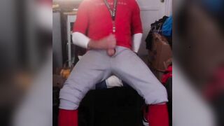 JockDad87 jerks his big cock in his baseball gear.