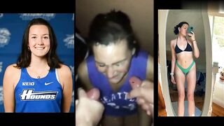 Horny slut Leah from Assumption U. takes double cumshot to the face at frat party